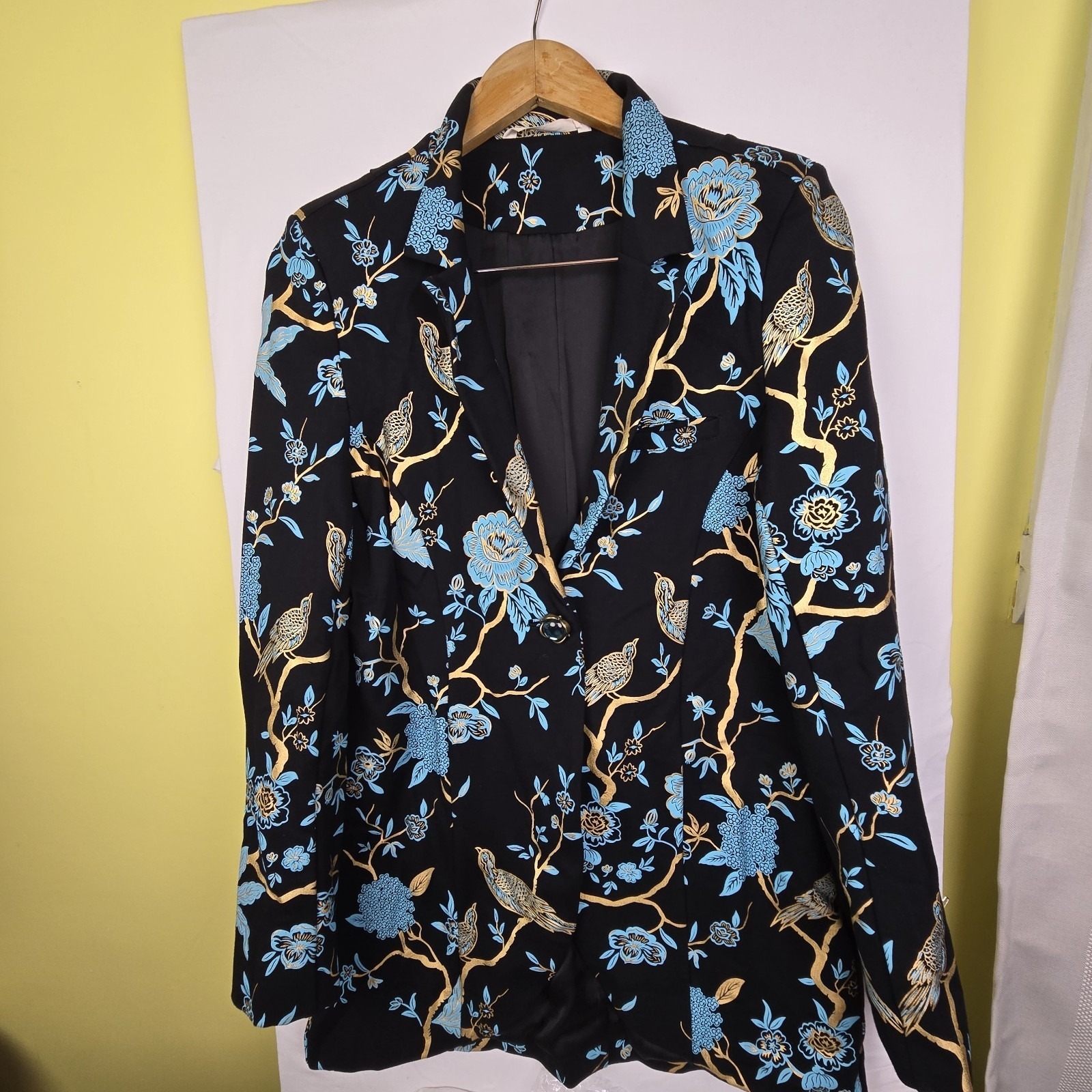Soft Surroundings Chinoiserie Black Blue Floral Bird Blazer Jacket Sz Medium